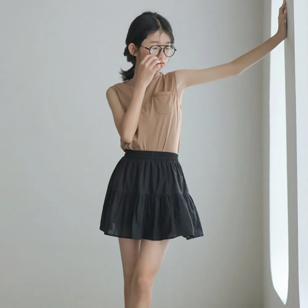 日系 口袋背心 短款裙裤 套装 Patched Pocket Sleeveless Tops & Tier Ruffle Skort