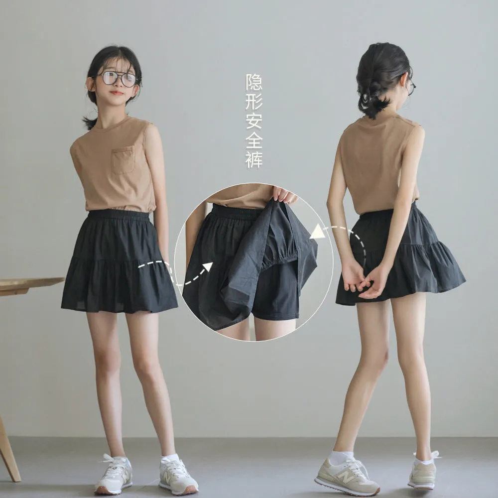 日系 口袋背心 短款裙裤 套装 Patched Pocket Sleeveless Tops & Tier Ruffle Skort