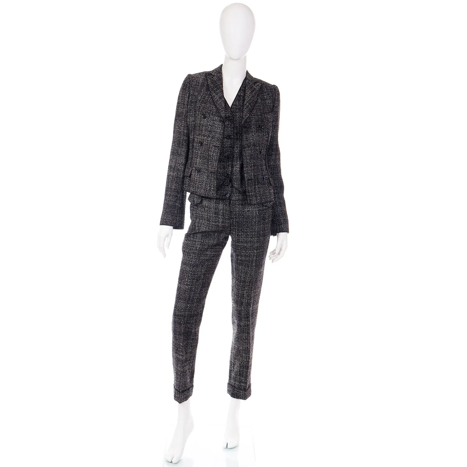 2000s Dolce & Gabbana 3 pc Black Tweed Jacket Vest & Trousers Suit