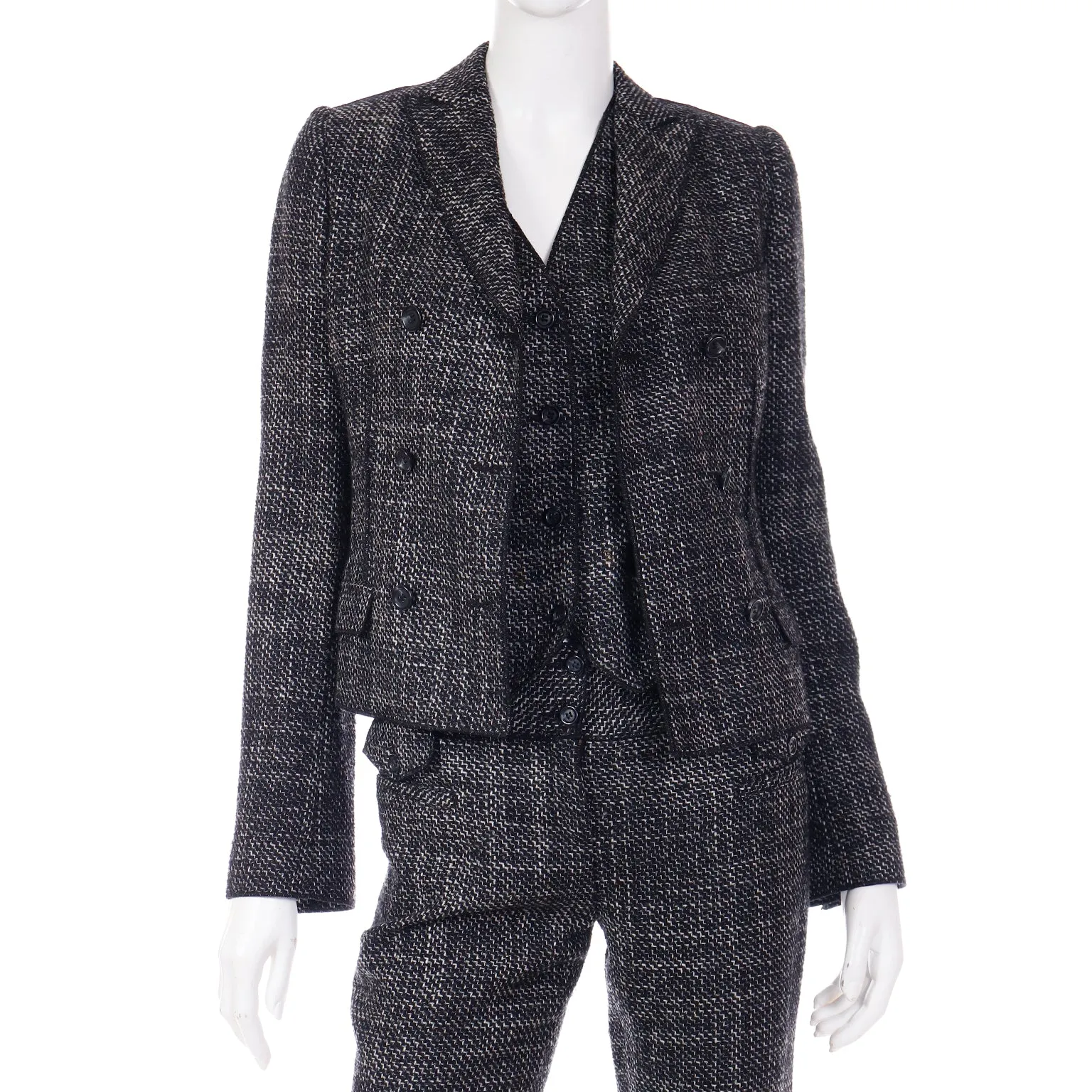 2000s Dolce & Gabbana 3 pc Black Tweed Jacket Vest & Trousers Suit