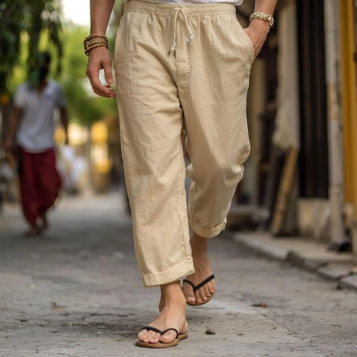 2025 Men's Cotton Linen Pants Elastic Waist Casual Solid Color Drawstring Straight Pants