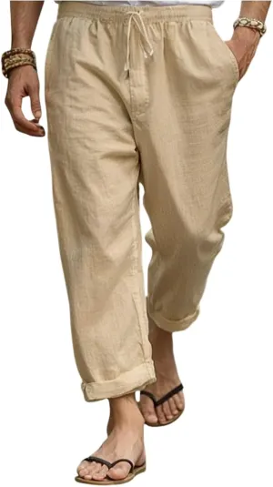 2025 Men's Cotton Linen Pants Elastic Waist Casual Solid Color Drawstring Straight Pants