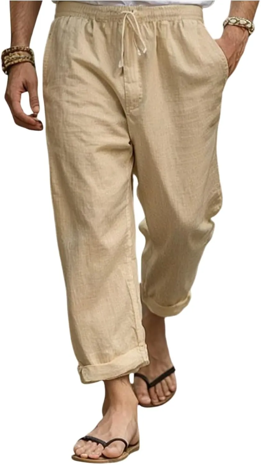 2025 Men's Cotton Linen Pants Elastic Waist Casual Solid Color Drawstring Straight Pants