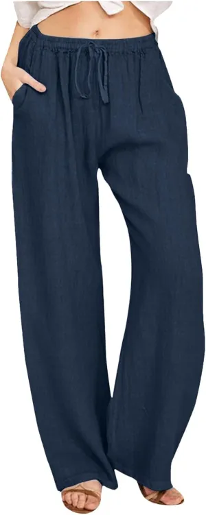 2025 Summer Womens Cotton Linen Pants Casual Drawstring High Elastic Wide Leg Soft Loose Fit Trousers with Pockets