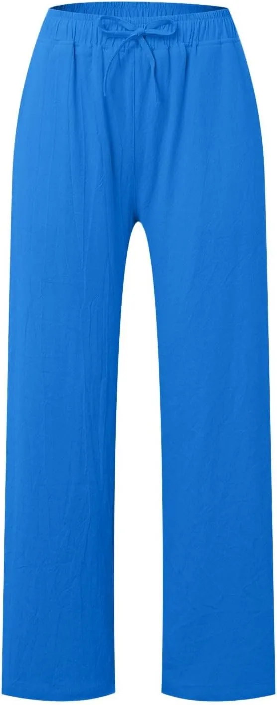 2025 Summer Womens Cotton Linen Pants Casual Drawstring High Elastic Wide Leg Soft Loose Fit Trousers with Pockets