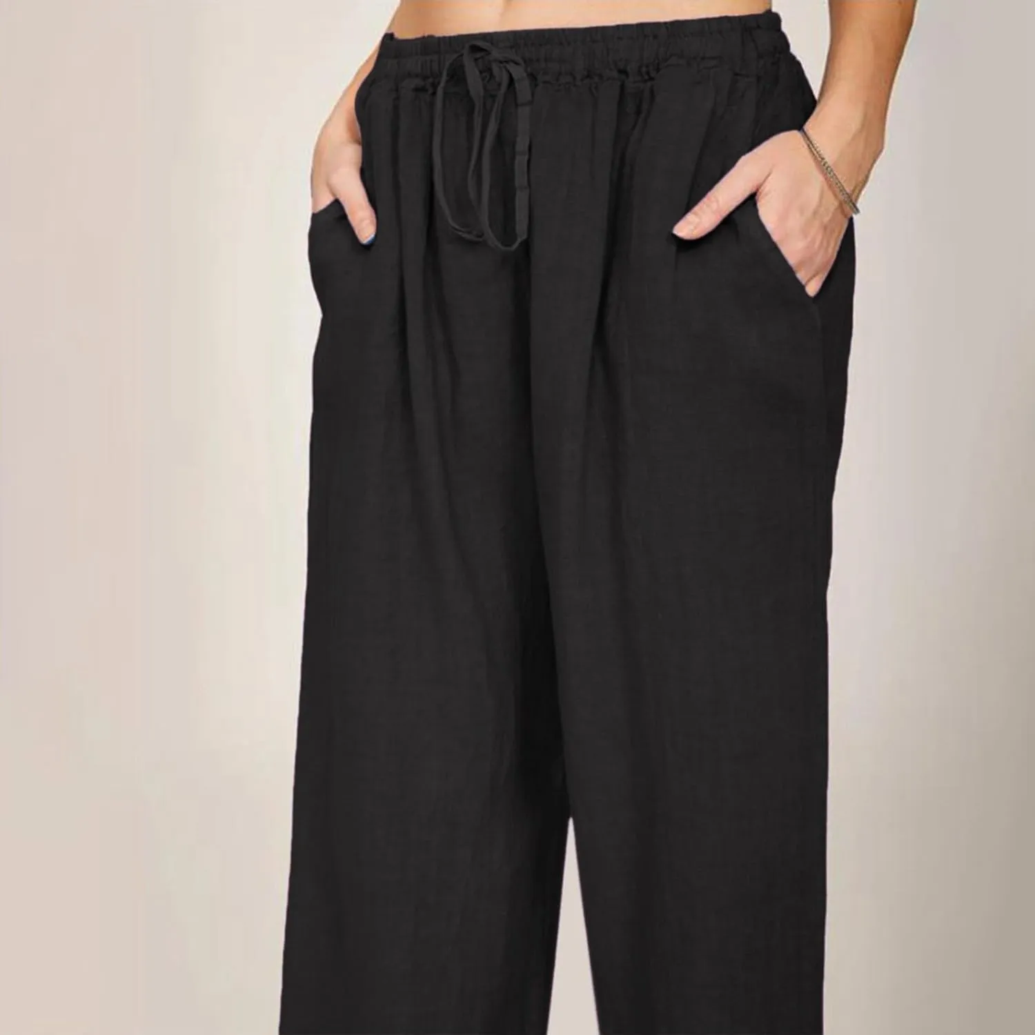 2025 Summer Womens Cotton Linen Pants Casual Drawstring High Elastic Wide Leg Soft Loose Fit Trousers with Pockets