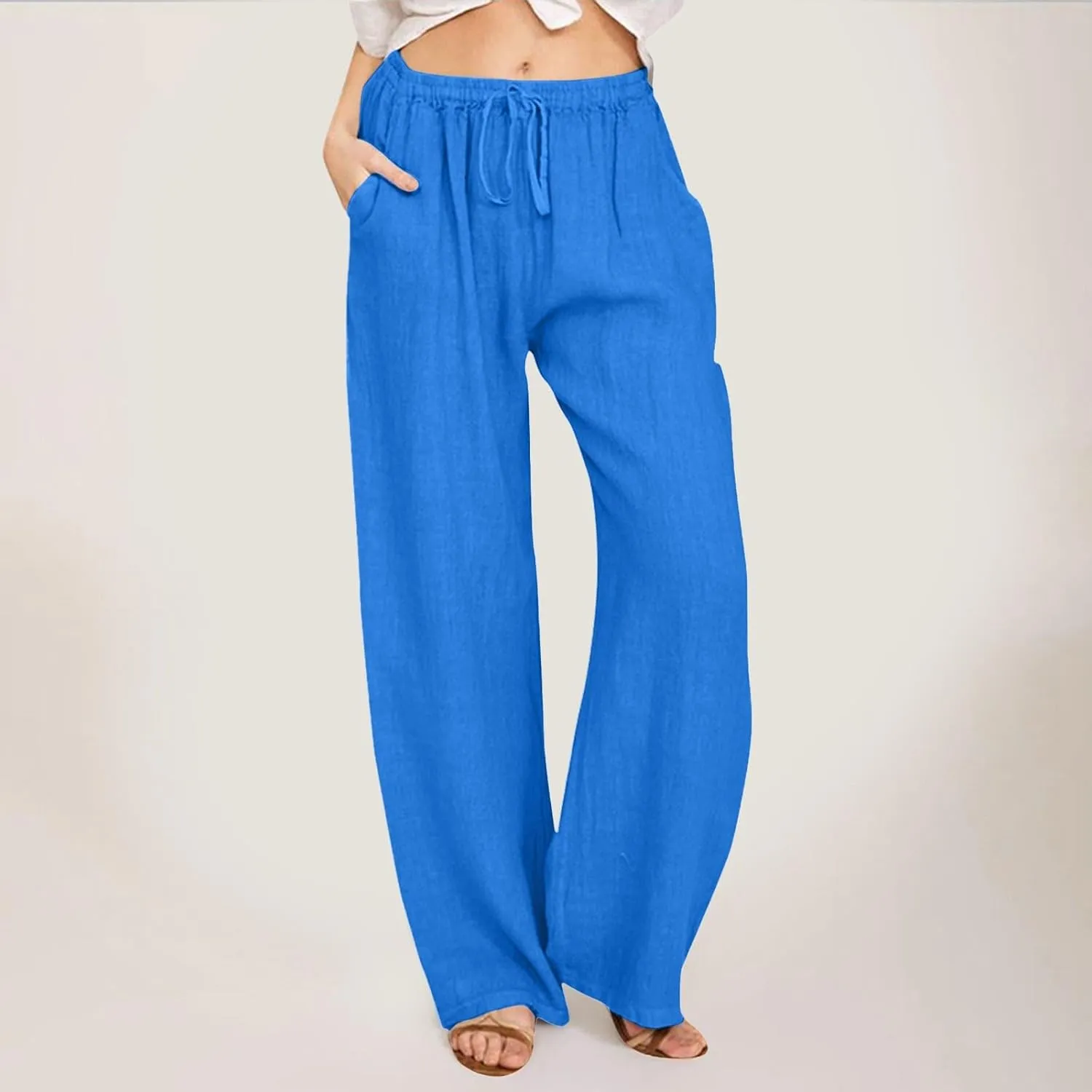 2025 Summer Womens Cotton Linen Pants Casual Drawstring High Elastic Wide Leg Soft Loose Fit Trousers with Pockets