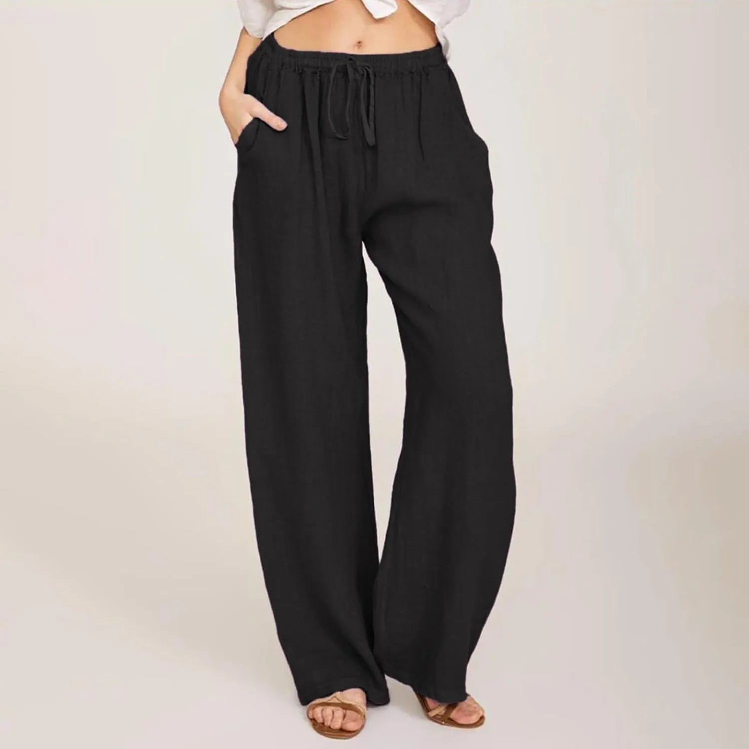 2025 Summer Womens Cotton Linen Pants Casual Drawstring High Elastic Wide Leg Soft Loose Fit Trousers with Pockets