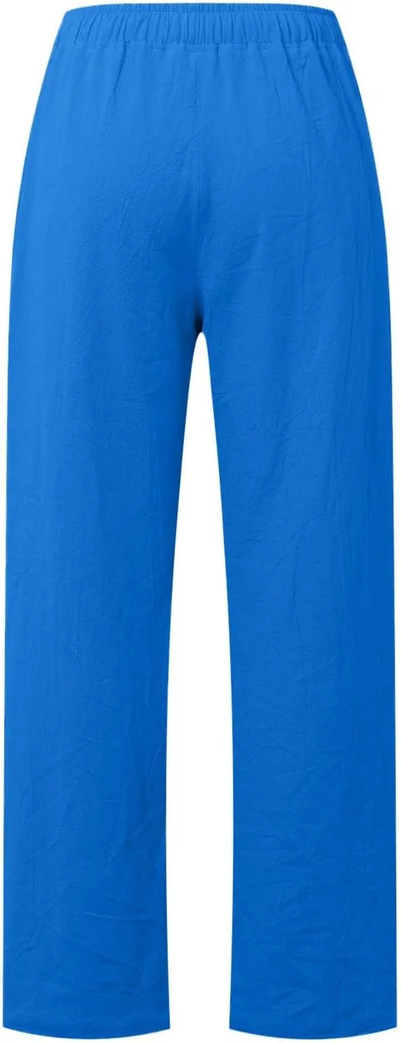 2025 Summer Womens Cotton Linen Pants Casual Drawstring High Elastic Wide Leg Soft Loose Fit Trousers with Pockets