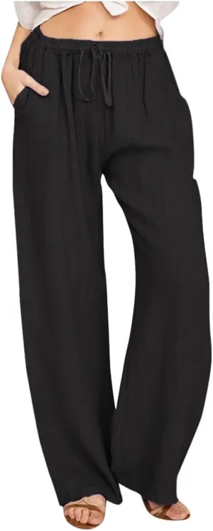 2025 Summer Womens Cotton Linen Pants Casual Drawstring High Elastic Wide Leg Soft Loose Fit Trousers with Pockets