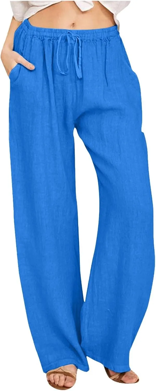 2025 Summer Womens Cotton Linen Pants Casual Drawstring High Elastic Wide Leg Soft Loose Fit Trousers with Pockets