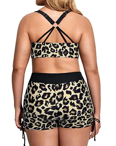 3 Piece Plus Size Tankini Swimsuits With Tummy Control Bathing Suits-Black And Leopard