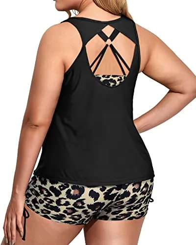 3 Piece Plus Size Tankini Swimsuits With Tummy Control Bathing Suits-Black And Leopard
