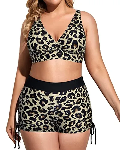 3 Piece Plus Size Tankini Swimsuits With Tummy Control Bathing Suits-Black And Leopard