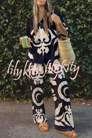 Abstract World Print Button Elastic Waist Pants Set