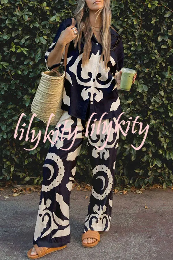 Abstract World Print Button Elastic Waist Pants Set