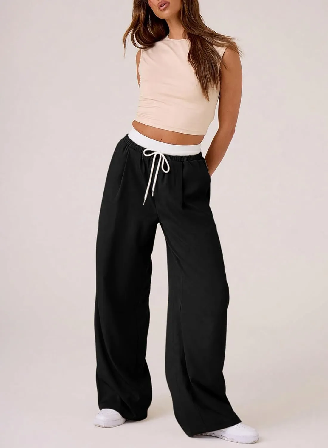 Acelitt Womens Winter Pants 2024 Wide Leg Drawstring Elastic Waist Casual Loose Comfy Trousers with Pockets