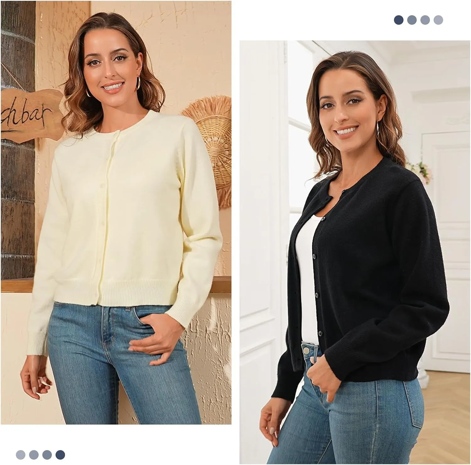 ADANIKI Women's Long Sleeve Button Knit Cardigan Sweater Lightweight Open Front Crew Neck Tops for Women