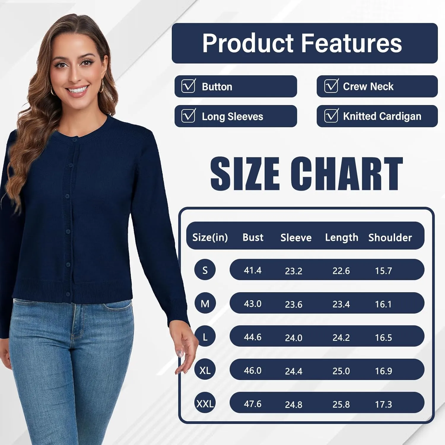ADANIKI Women's Long Sleeve Button Knit Cardigan Sweater Lightweight Open Front Crew Neck Tops for Women