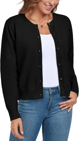 ADANIKI Women's Long Sleeve Button Knit Cardigan Sweater Lightweight Open Front Crew Neck Tops for Women