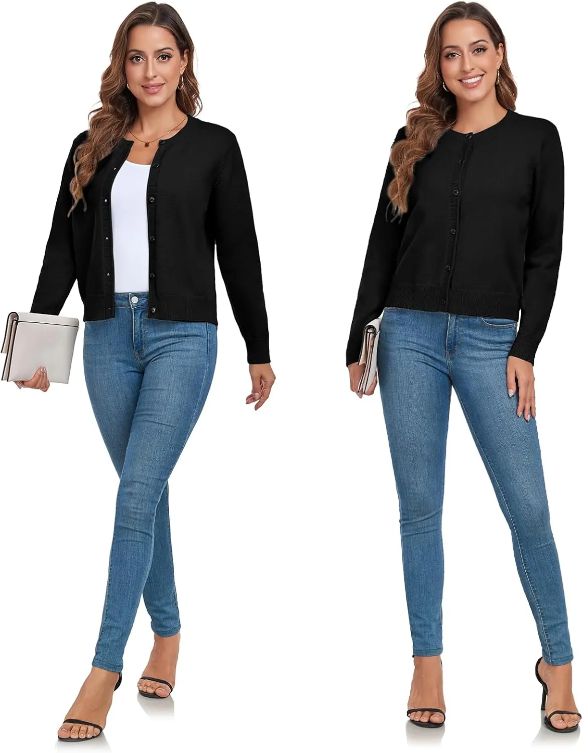 ADANIKI Women's Long Sleeve Button Knit Cardigan Sweater Lightweight Open Front Crew Neck Tops for Women
