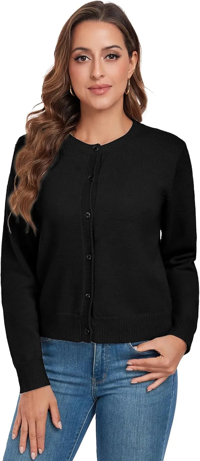 ADANIKI Women's Long Sleeve Button Knit Cardigan Sweater Lightweight Open Front Crew Neck Tops for Women
