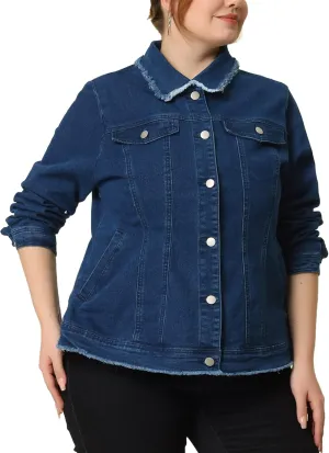 Agnes Orinda Plus Size Denim Jackets for Women Frayed Hem Classic Washed Jean Jacket