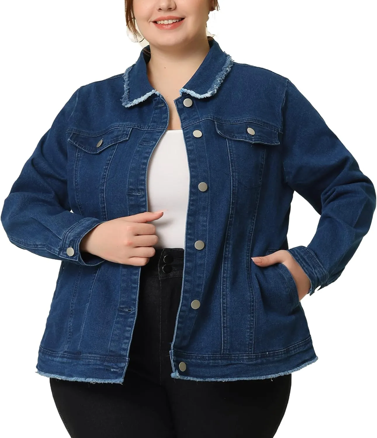 Agnes Orinda Plus Size Denim Jackets for Women Frayed Hem Classic Washed Jean Jacket