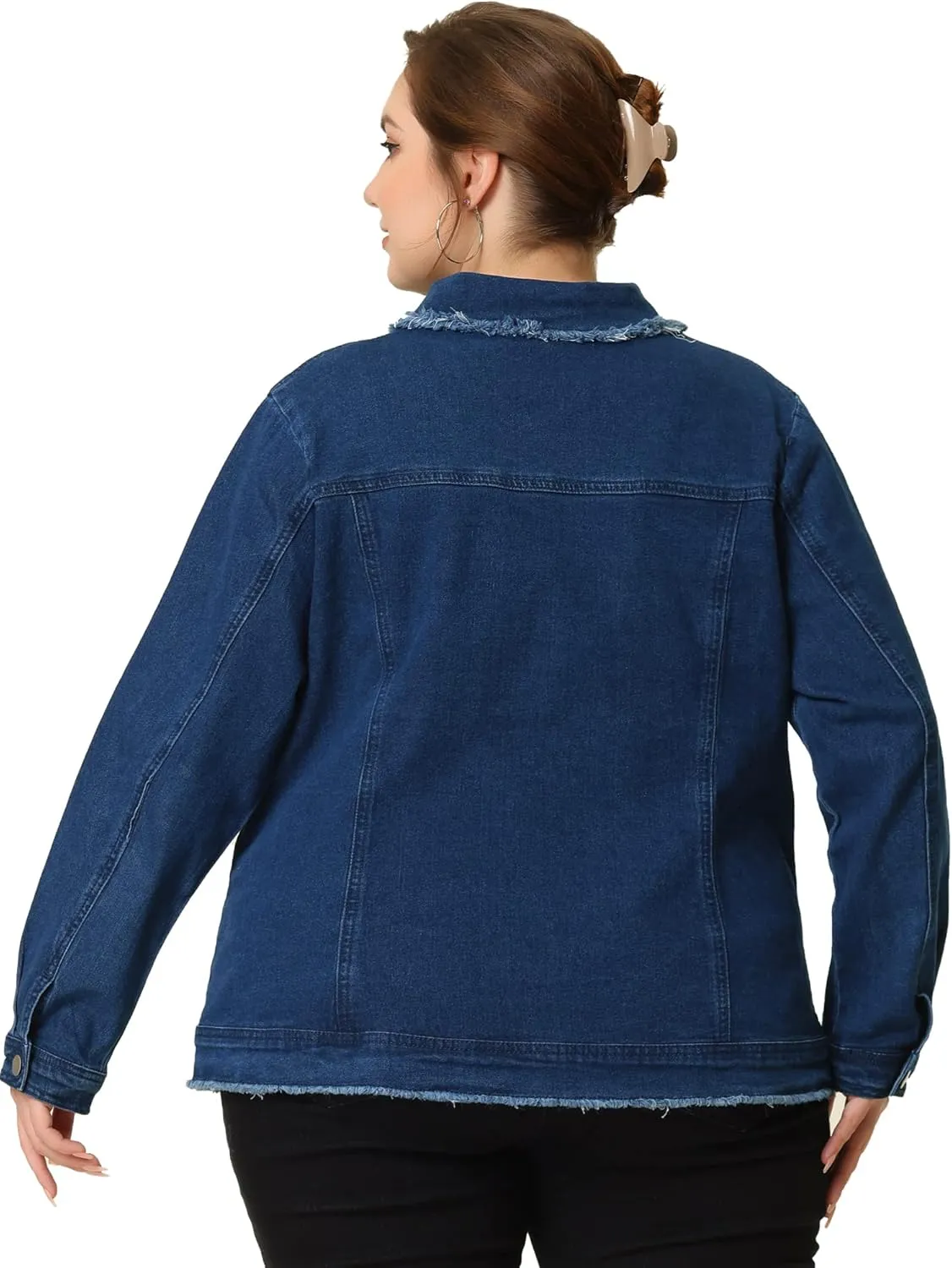 Agnes Orinda Plus Size Denim Jackets for Women Frayed Hem Classic Washed Jean Jacket