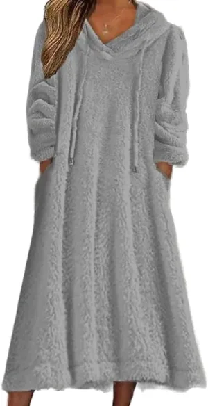 Akivide Women Fall Winter Fuzzy Fleece Long Dress Casual Oversized Long Sleeve Pullover Hooded Jackets with Pockets