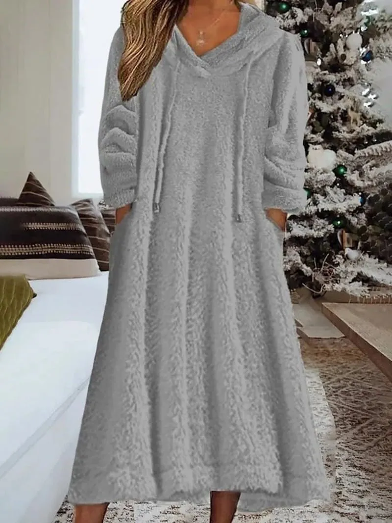 Akivide Women Fall Winter Fuzzy Fleece Long Dress Casual Oversized Long Sleeve Pullover Hooded Jackets with Pockets