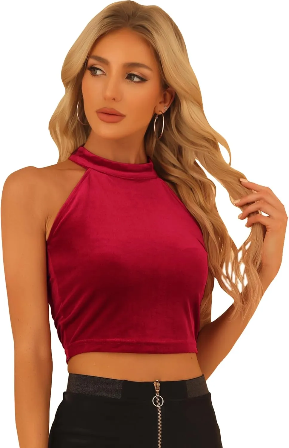 Allegra K Women's Halter Neck Velvet Velour Basic Layering Party Sleeveless Crop Top