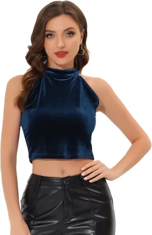 Allegra K Women's Halter Neck Velvet Velour Basic Layering Party Sleeveless Crop Top