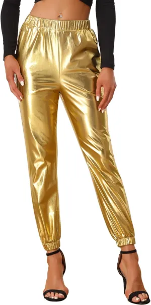 Allegra K Women's Metallic Trousers Christmas Shiny Sparkle Elastic Waist Holographic Pants