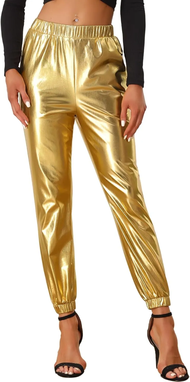 Allegra K Women's Metallic Trousers Christmas Shiny Sparkle Elastic Waist Holographic Pants