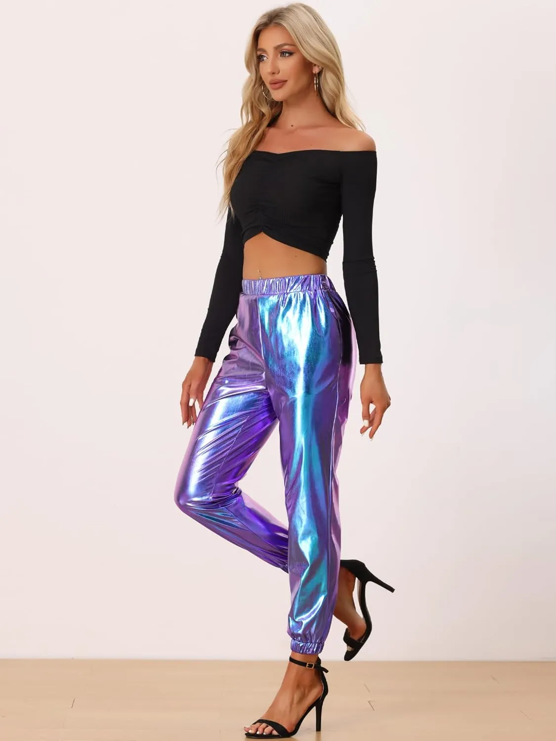 Allegra K Women's Metallic Trousers Christmas Shiny Sparkle Elastic Waist Holographic Pants