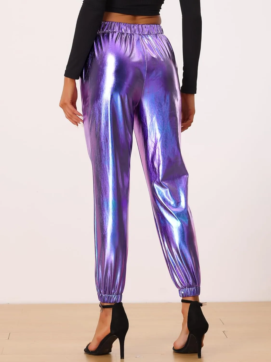 Allegra K Women's Metallic Trousers Christmas Shiny Sparkle Elastic Waist Holographic Pants