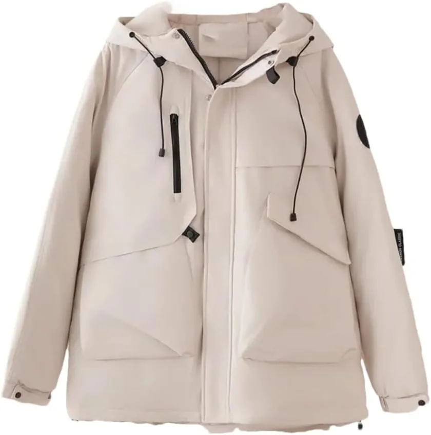 Alloaone Women Parka Winter Loose Label Hooded Outdoor Jacket Thicken Warm Cotton-Padded Coat