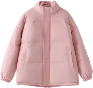 Alloaone Women Parka Winter Loose Thick Simple Version Stand Collar Solid Color Cotton-Padded Coat