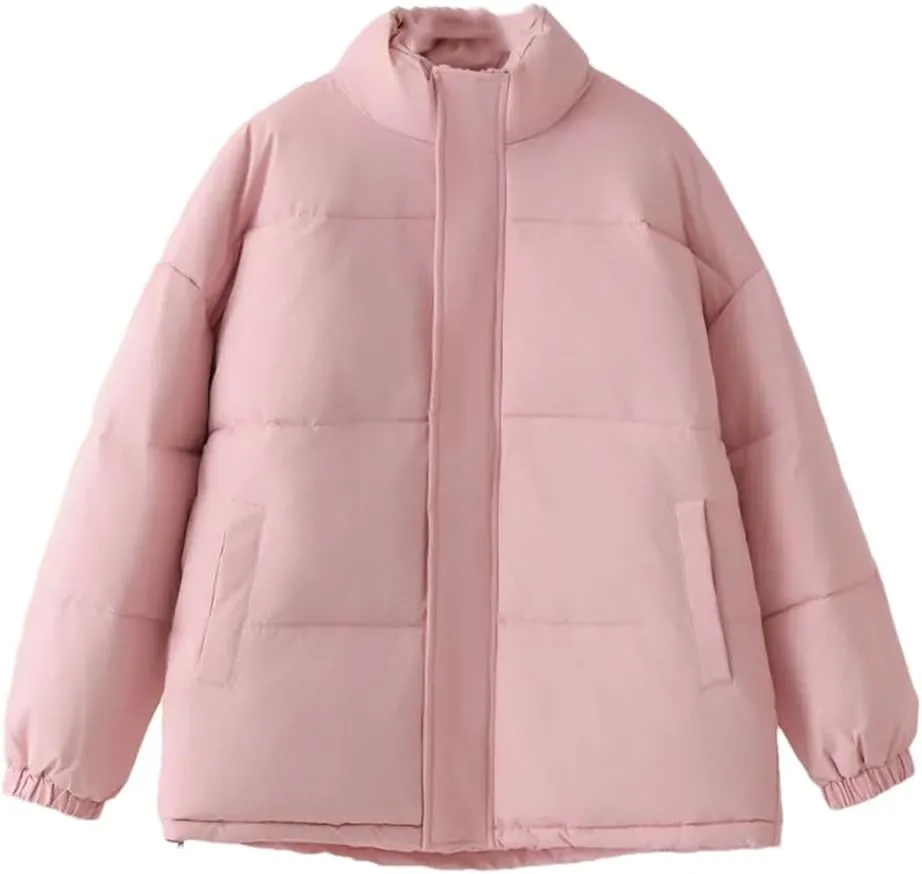 Alloaone Women Parka Winter Loose Thick Simple Version Stand Collar Solid Color Cotton-Padded Coat