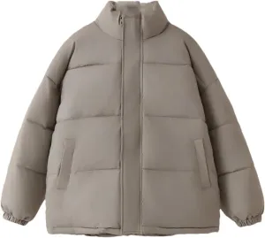 Alloaone Women Parka Winter Loose Thick Simple Version Stand Collar Solid Color Cotton-Padded Coat