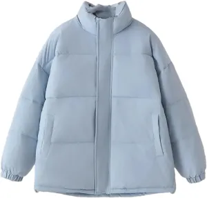 Alloaone Women Parka Winter Loose Thick Simple Version Stand Collar Solid Color Cotton-Padded Coat