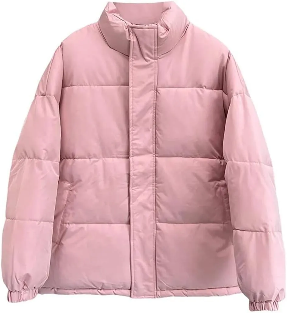 Alloaone Women Parka Winter Loose Thick Simple Version Stand Collar Solid Color Cotton-Padded Coat