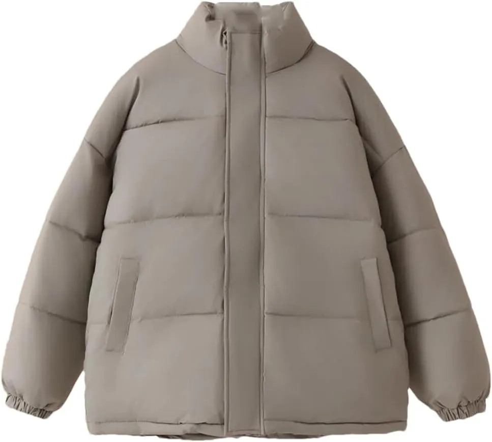 Alloaone Women Parka Winter Loose Thick Simple Version Stand Collar Solid Color Cotton-Padded Coat