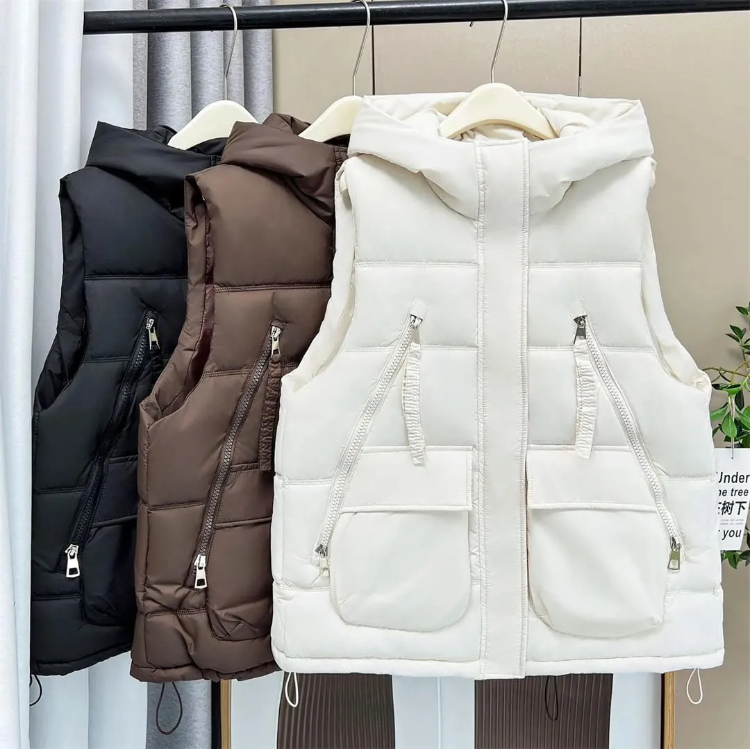 Alloaone Women Parka Winter Loose Thick Warm Waistcoat Hooded Sleeveless Cotton-Padded Vest