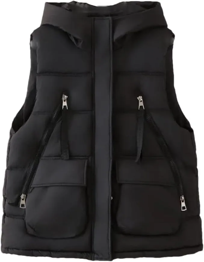 Alloaone Women Parka Winter Loose Thick Warm Waistcoat Hooded Sleeveless Cotton-Padded Vest
