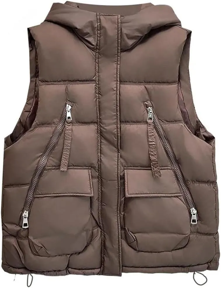 Alloaone Women Parka Winter Loose Thick Warm Waistcoat Hooded Sleeveless Cotton-Padded Vest