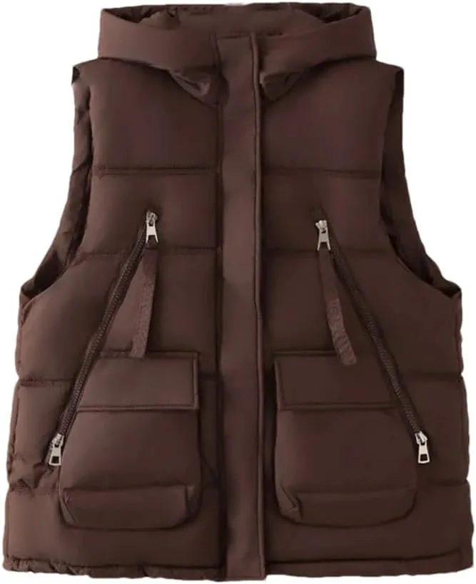 Alloaone Women Parka Winter Loose Thick Warm Waistcoat Hooded Sleeveless Cotton-Padded Vest
