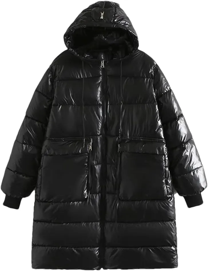 Alloaone Women Parka Winter Loose Zipper Hooded Long Cotton-Padded Warm Coat