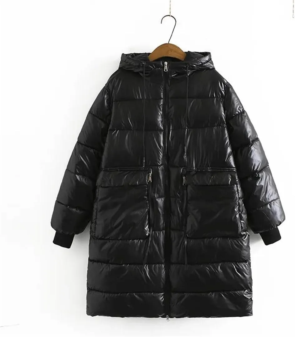 Alloaone Women Parka Winter Loose Zipper Hooded Long Cotton-Padded Warm Coat